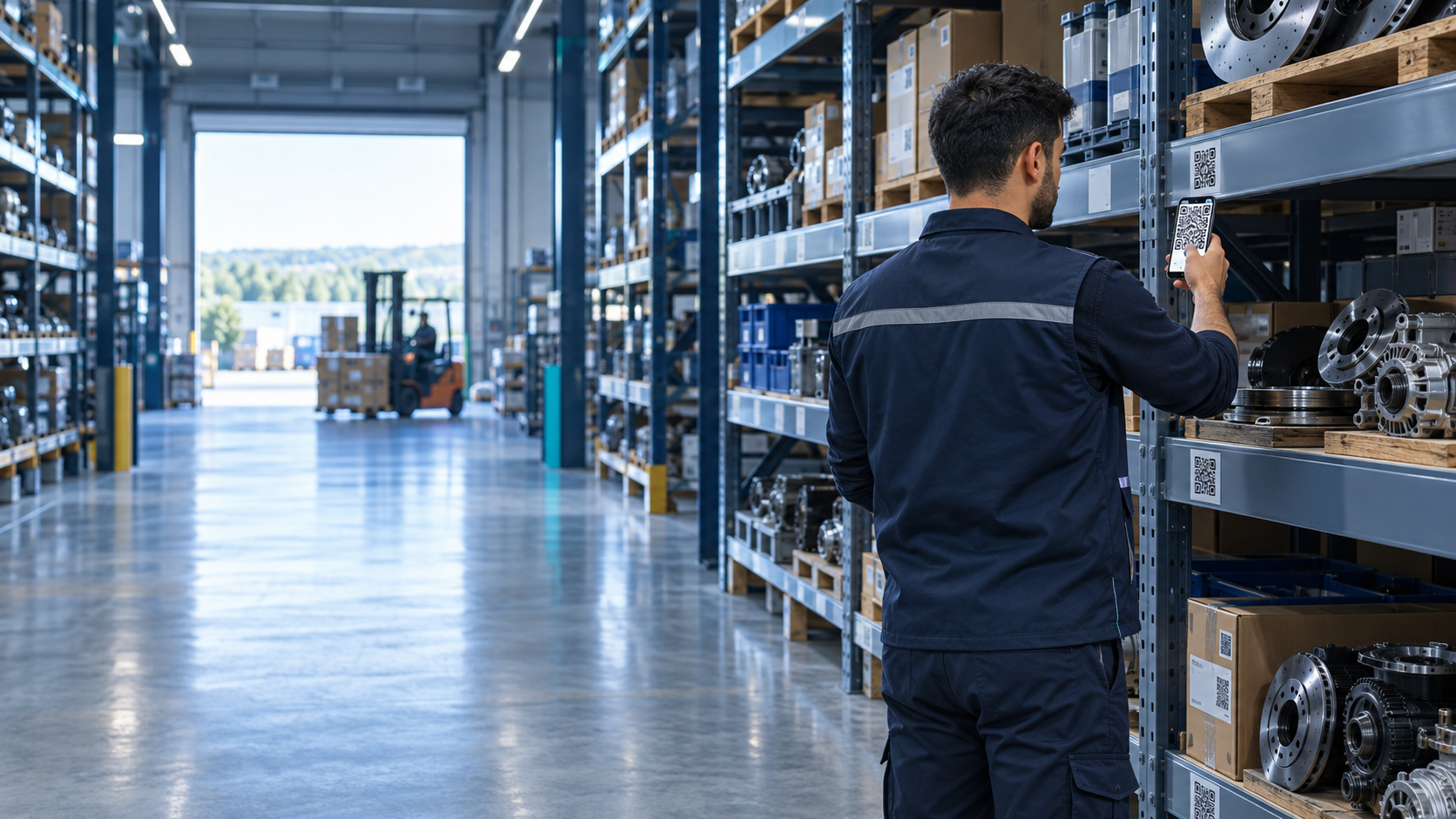 Aydınlık depo koridoru, forklift ve barkodlu raf sistemi